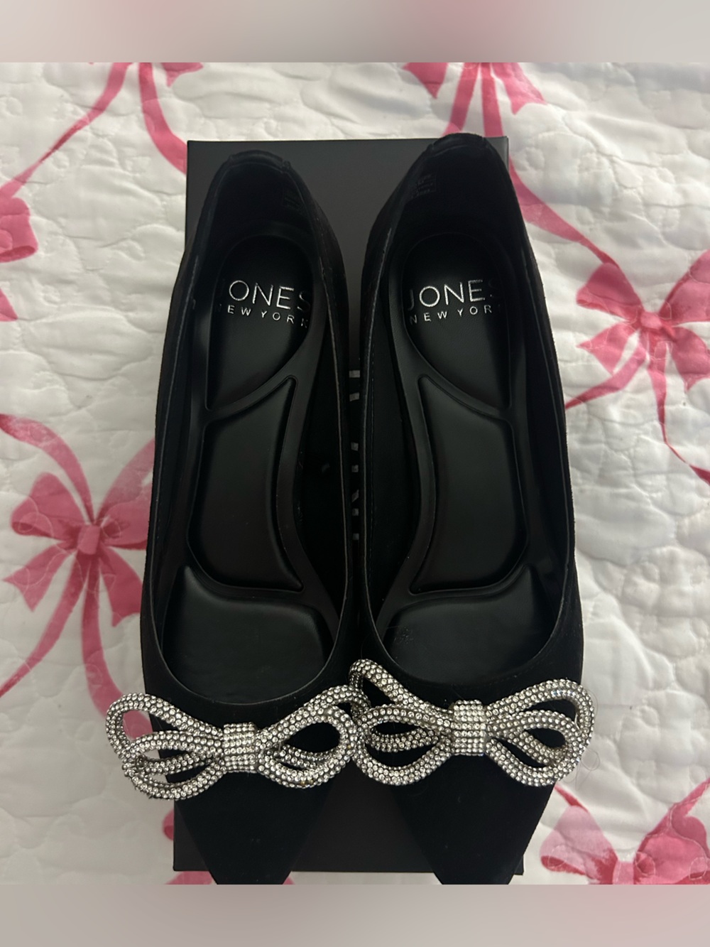 Jones New York Black Pointed Flats with Rhinestone Bow Accent